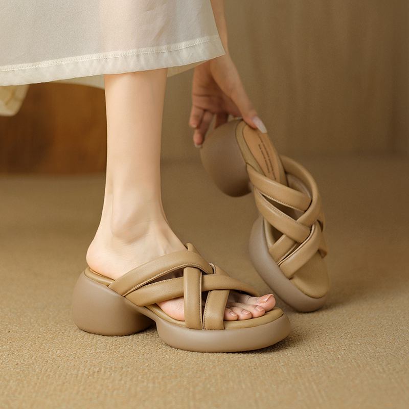 Krazing Pot Schaffell Pantoletten Peep Toe Blockabsätze Sommerschuhe Europäisches Design Plateau Wasserdicht Damen Sandalen