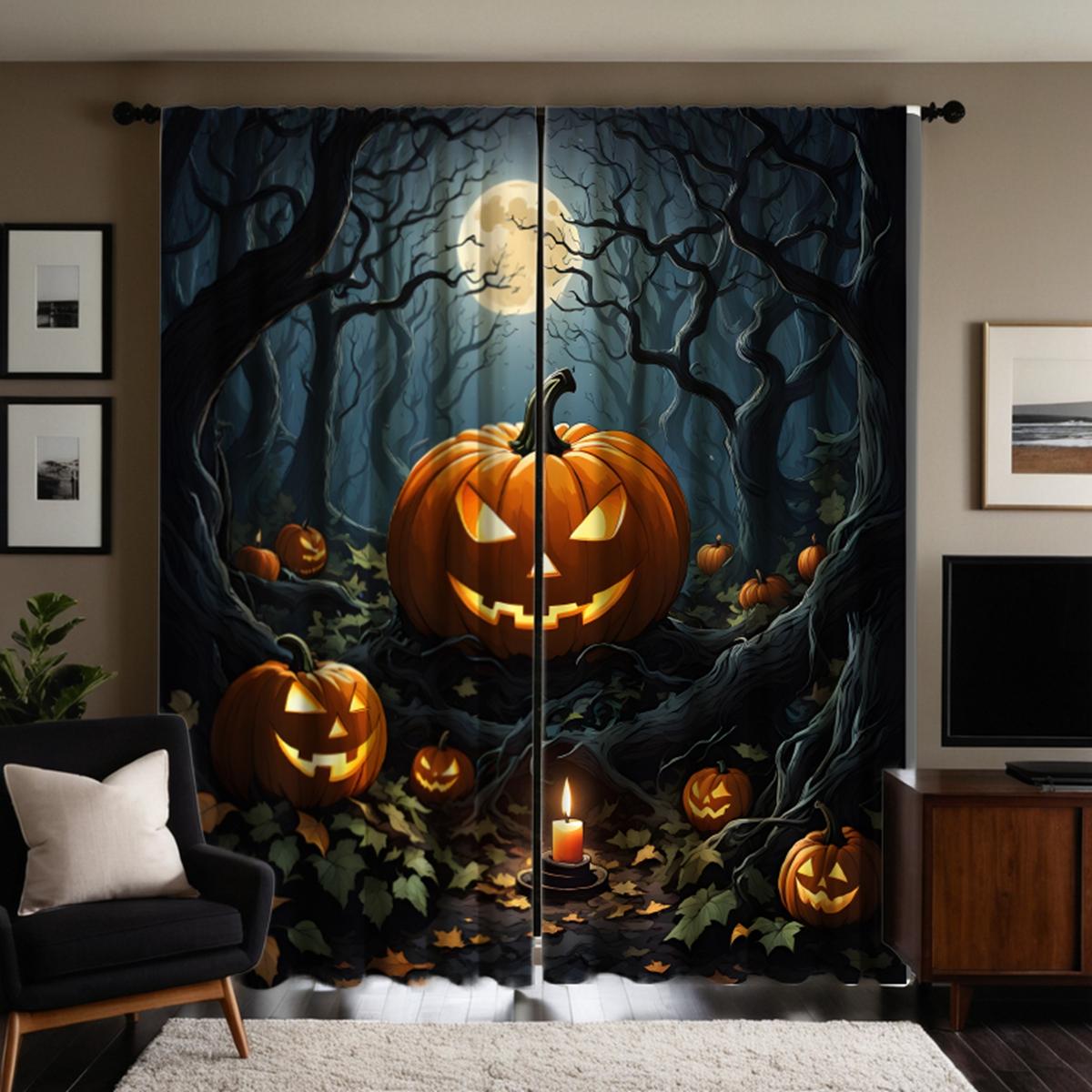 

2 шт. HD Хэллоуин Темная ночь Луна Джек-О -фонарь Древнее дерево занавеска Черный галстук цифровая печать занавеска Домашний декор стиль De W52H63inchW132H160cm