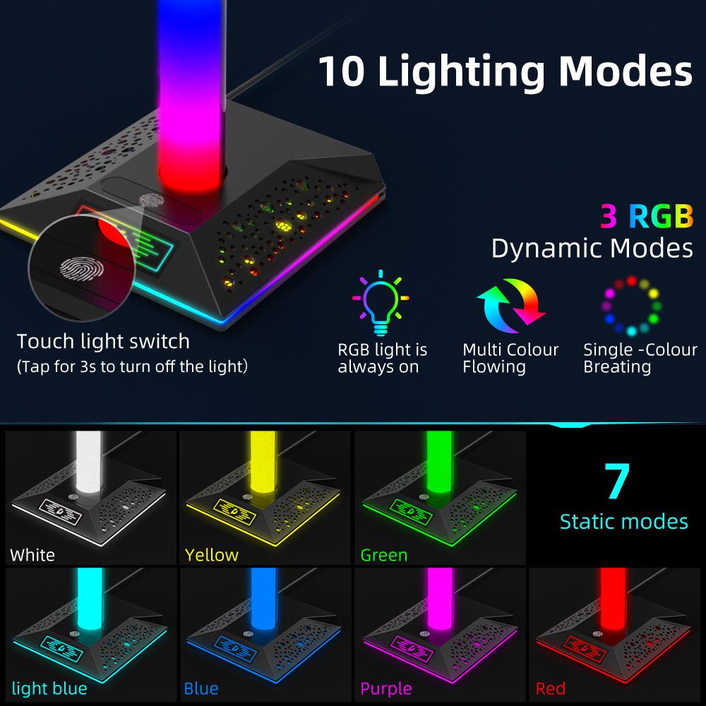 Lanxinda EB05 Gaming Headset Stand with RGB Lighting Dual USB and Type-C Ports Touch Control Holiday Lights ABS Material