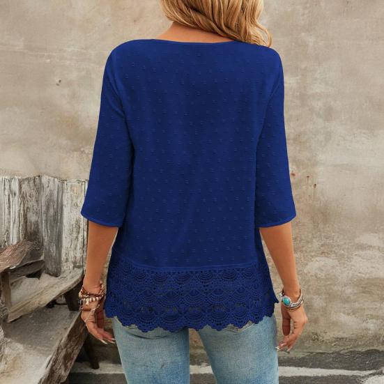 Women V-Neck Hem 45720 Sleeve Casual Shirt Jacquard Decor Solid Color