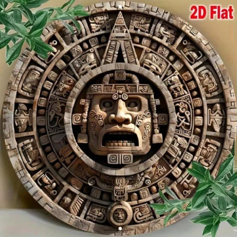 Metal Wall Art Mayan Carving Wreath Sign Tropical Decor for Home Cafe Restaurant