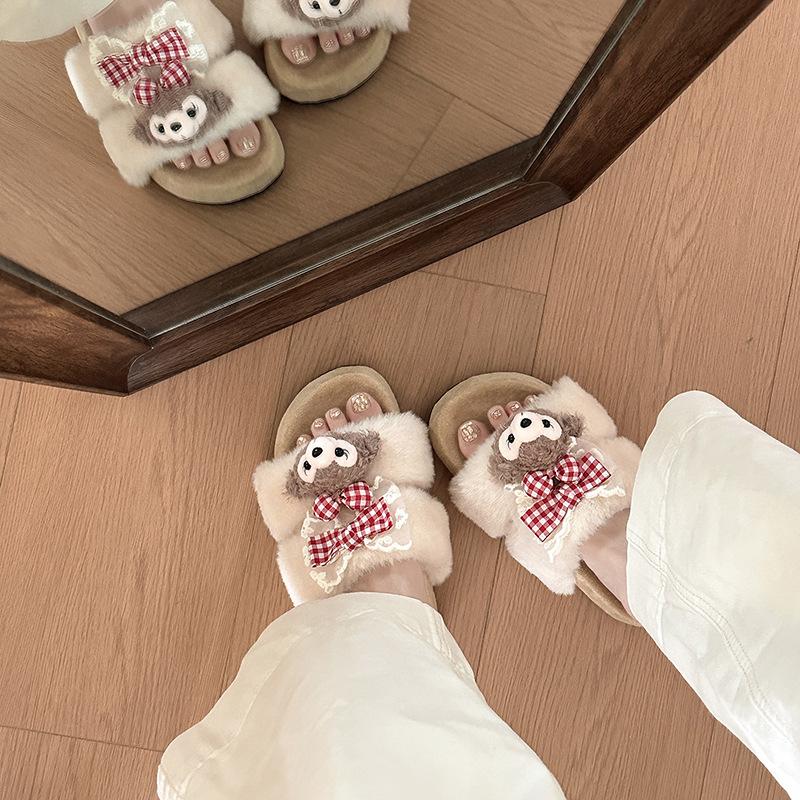 Cute cartoon bear fashion casual bow fluffy slippers women's 2025 autumn new wear cool slippers