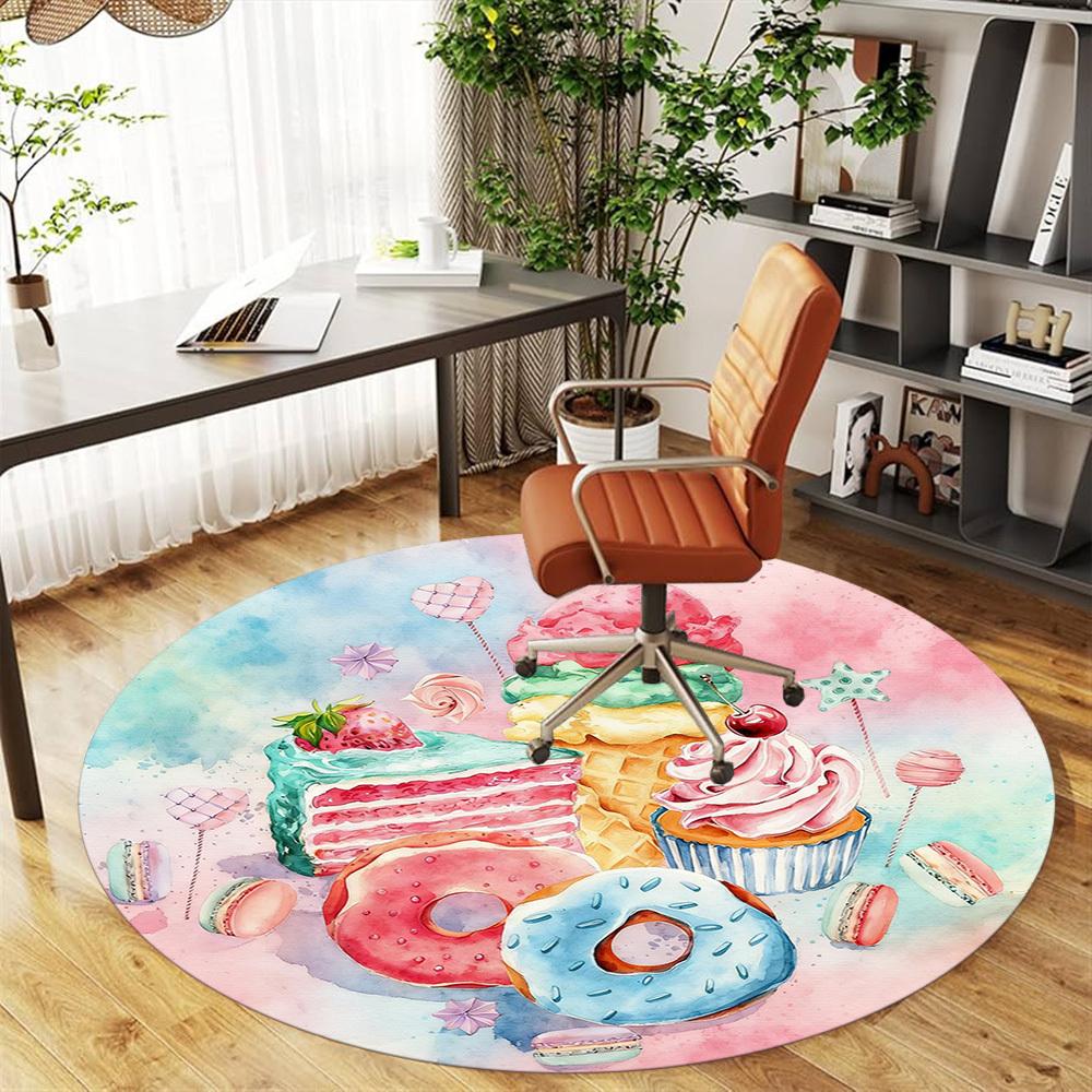 1pc Sweets Desserts Round Chair Mat Office Area Rug - Non-Slip, Floor Mat for Office, Bedroom, and Indoor Decor P127293