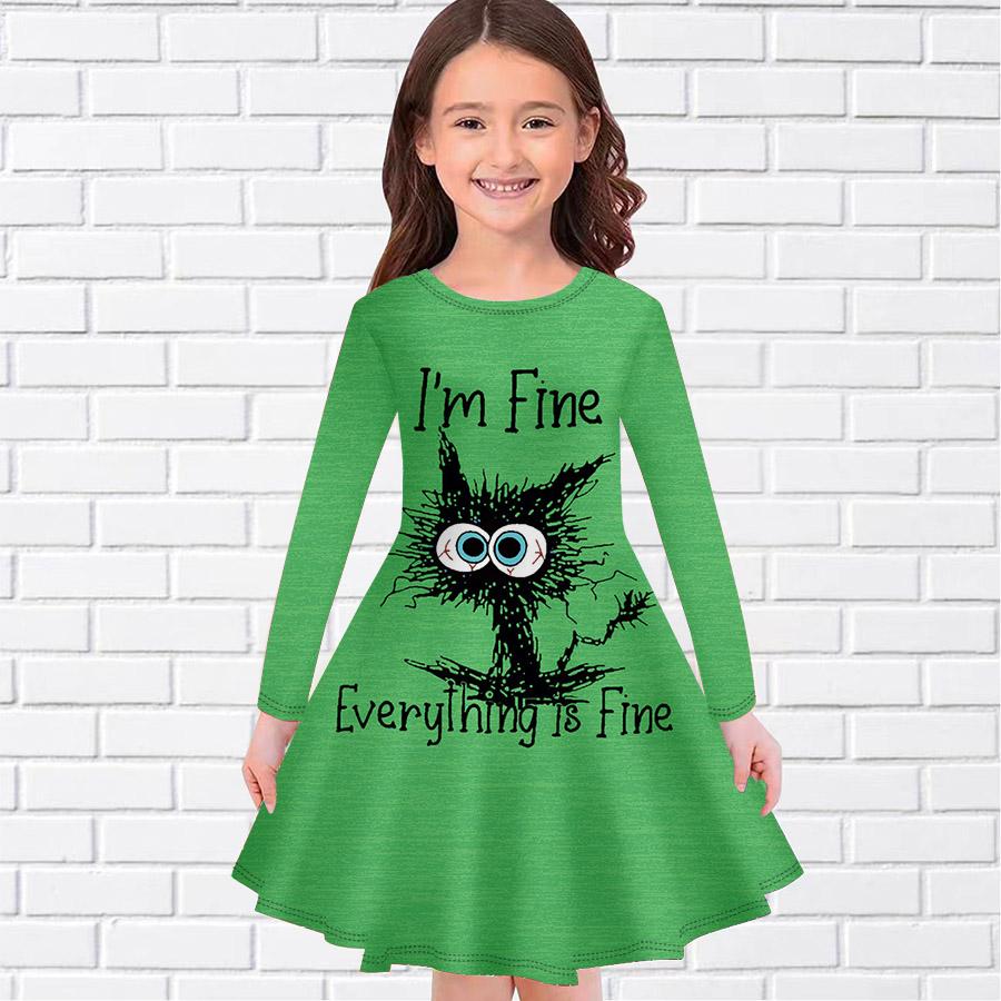 Girl Casual Stupid Cat Print Round Neck Long Sleeve Dress Kid Princess Dress
