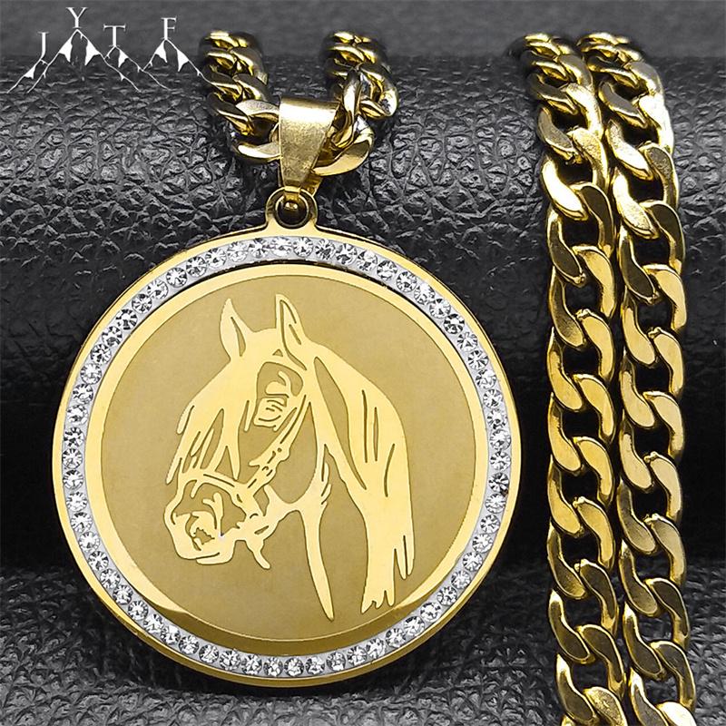 Horse Head Christian Pendant Necklace for Men Hip Hop Stainless Steel Rhinestone Animal Lucky Jewelry Gift for Boyfriend NZZZ498
