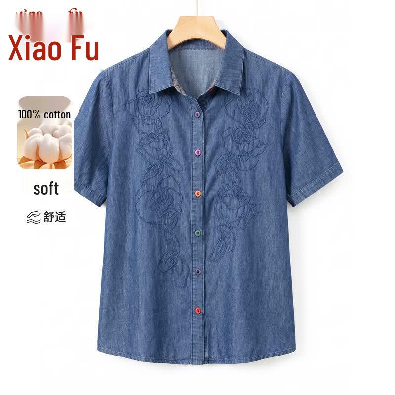 Women s Summer Pure Cotton Denim Short Sleeve Shirt L