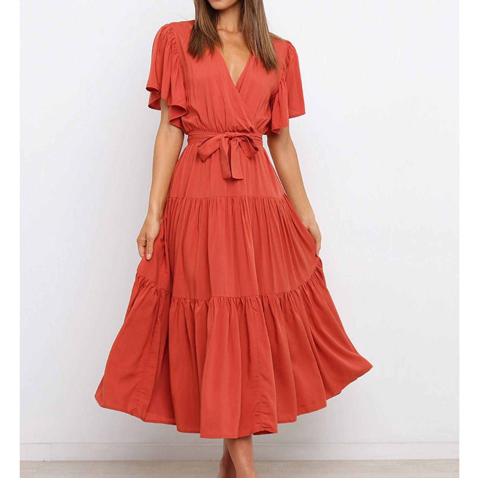 

Женское повседневное свободное однотонное платье с V-образным вырезом и короткими рукавами на талии Платье с короткими рукавами на талии XL арбуз красный