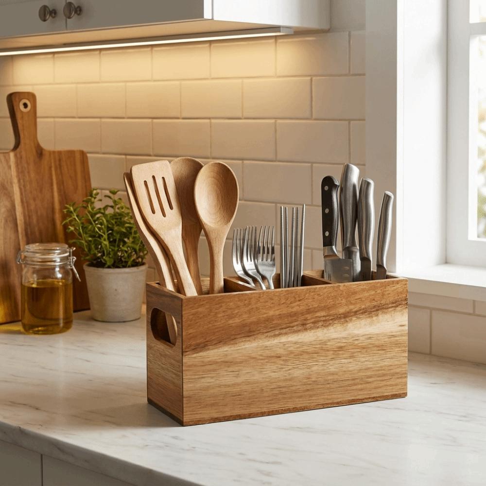 Wooden Cutlery Holder 3 Compartment Storage Rack Kitchen Tools Utensil Organizer Home