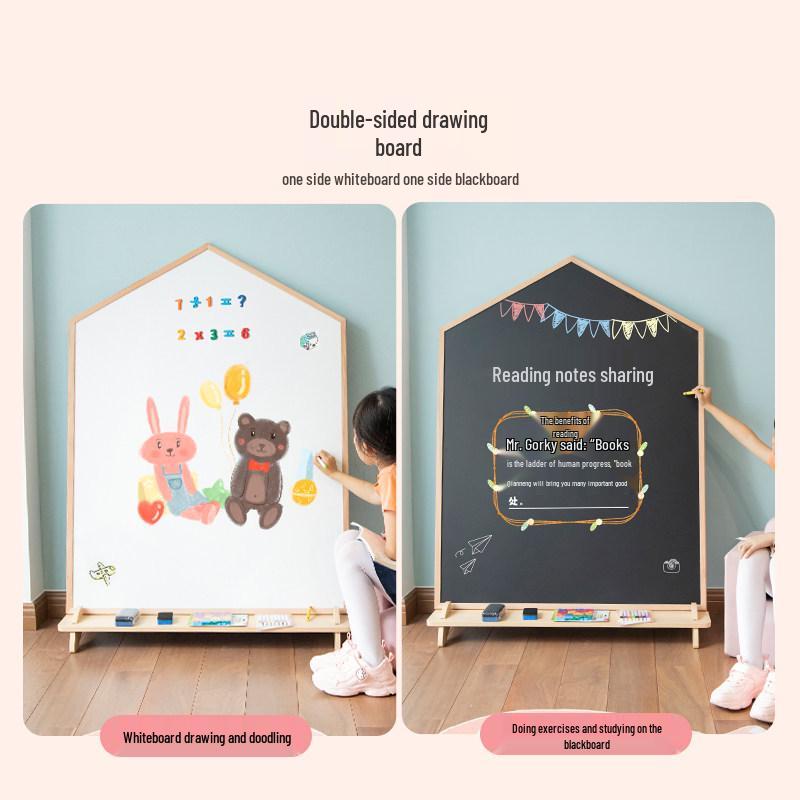 Kids' Double-Sided Magnetic Drawing Board: Stand-Up, Erasable Whiteboard & Chalkboard for Doodling and Coloring.