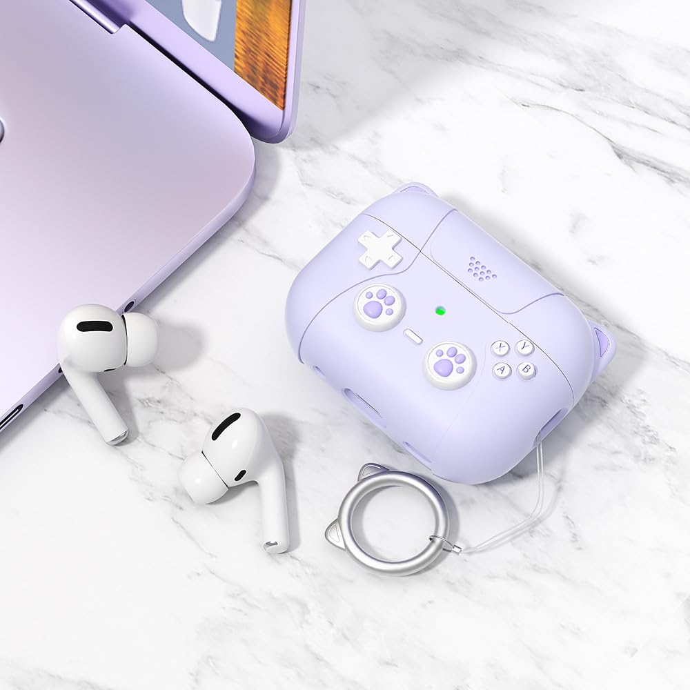 for AirPods 4 Generation Case Cover with Keychain Game Player Design Soft Silicone Case for AirPods Pro2 Charging-Cat Ear Purple