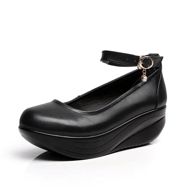 5.5cm Small Plus Size 33-43 Comfortable Leather Shoes Women Mary Janes 2025 Thick Bottom Platform Wedges Shoes Mom Office Dance