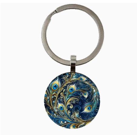 Round Glass Peacock Feather Keychain Bag Charm for Women Purse Decoration
