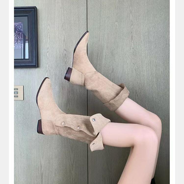 Cowhide~ Grape Mom same lapel pleated piled boots pointed mid-length western cowboy boots women's new autumn and winter models