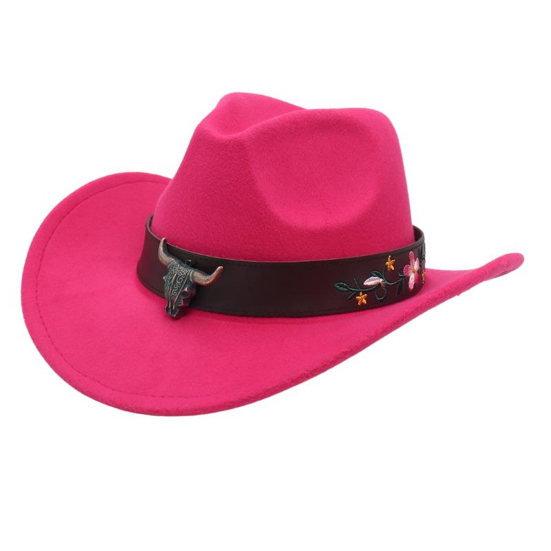 Western Cowboy Hat Tibetan Ethnic Top Hat Bull Head Flower Belt Accessories Felt Hat Curled Hat