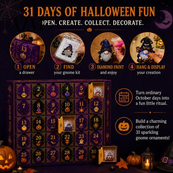 Complete Faux Diamond Art Set Halloween Gnome Advent Calendar, Christmas DIY Ghost Pumpkin Skeleton Crafts Craft Kit, Handmade Hanging Ornaments