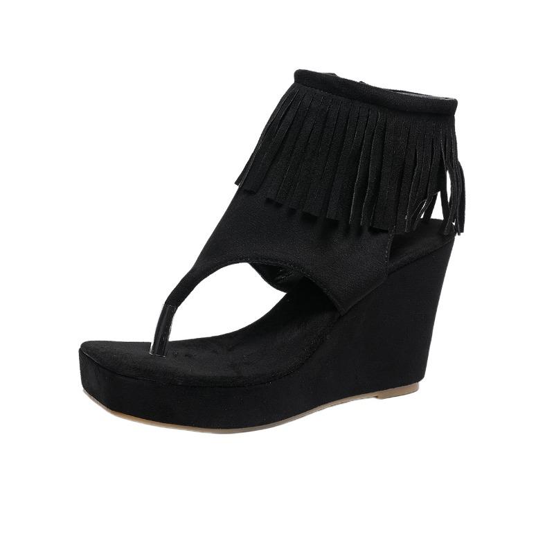 Summer wedge heel toe multi-color fringed large size sandals large size herringbone wedge heel fashion sandals direct sales 35 чёрный