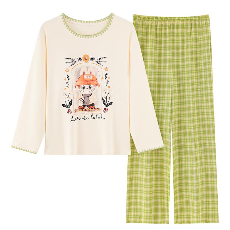 Piżama damska z długim rękawem i nadrukiem w kreskówkowe wzory, z wkładką na klatkę piersiową – uroczy komplet z okrągłym dekoltem do noszenia w domu lub na okrycia wierzchnie wiosną, jesienią i zimą