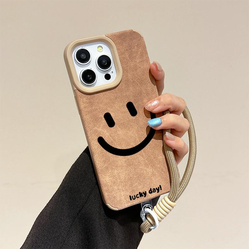 Smile Printed Leather Case + Lanyard Protective Shell Soft Silicone Case for iPhone