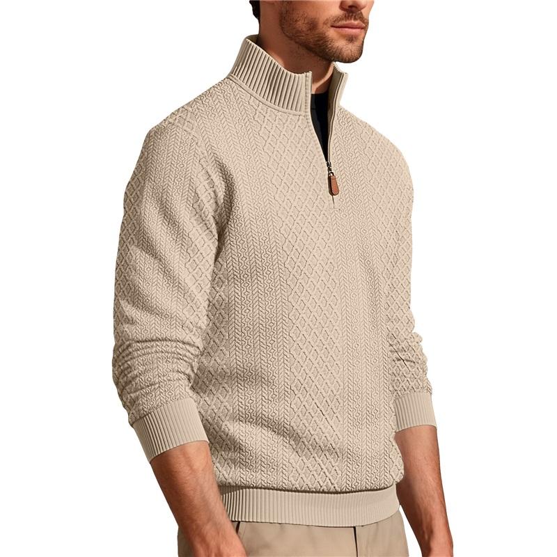 Men's Quarter Zip Pullover Sweater Diamond Jacquard Knit Stand Collar Long Sleeve Casual Sweatshirt For Business & Daily Wear