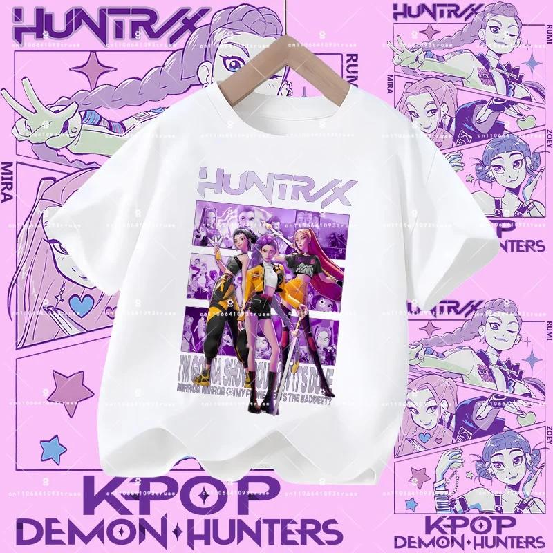 2026 New Kpop Demon Hunters Children's Polyester T-shirt - Girls' Casual Top with Cartoon Print - Summer Short-Sleeved Sports Shirt