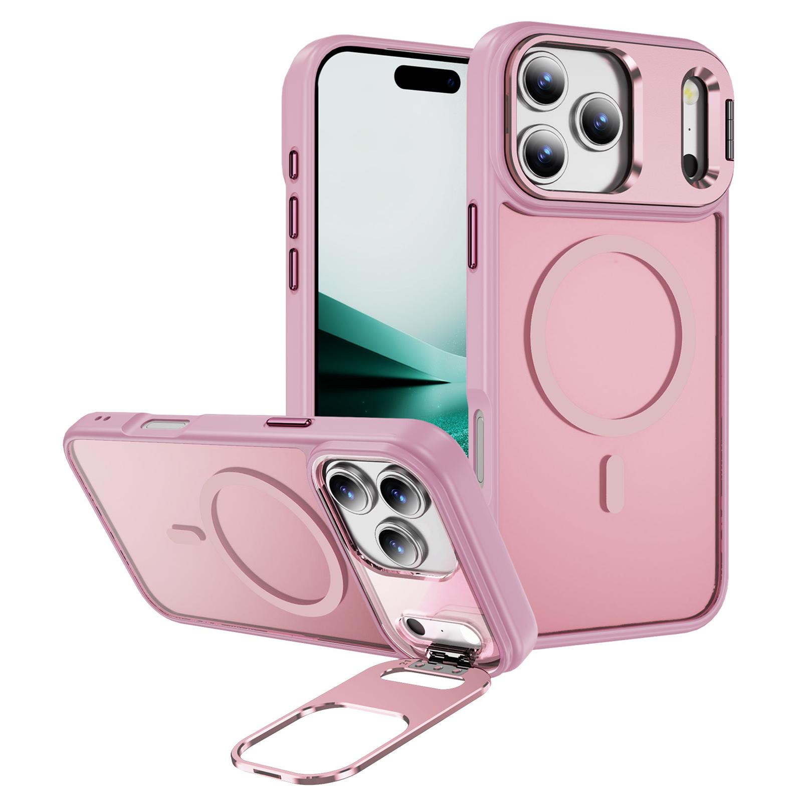 

For iPhone 17 Pro Magnetic Case with Lens Kickstand Skin-Touch PC+TPU Phone Cover Transparent Pink
