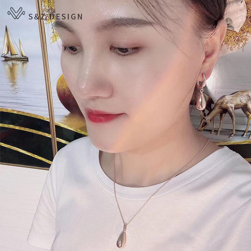 Mode Elegante Rose Gold Farbe Wasser Tropfen Metall Baumeln Ohrringe Anhänger Halskette Schmuck Sets Für Frauen Hochzeit Geschenk