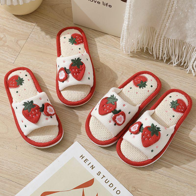 Women's Breathable Strawberry Linen Slippers - Non-slip, Sweat-absorbent, Soft Sole, Silent for All Seasons