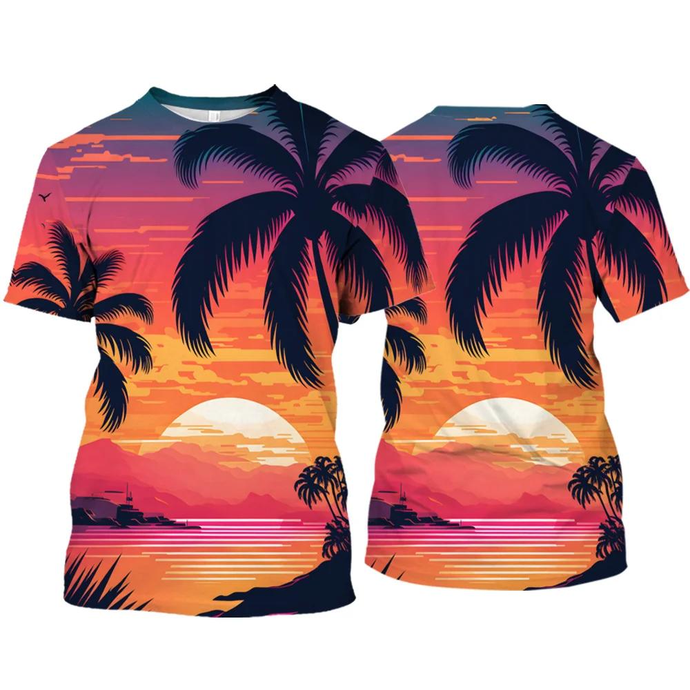 Hawaii Coconut Tree Graphic T Shirts Hawaiian View 3D Printed T Shirt For Men Clothes Harajuku Fashion Women Tshirt Vacation Top