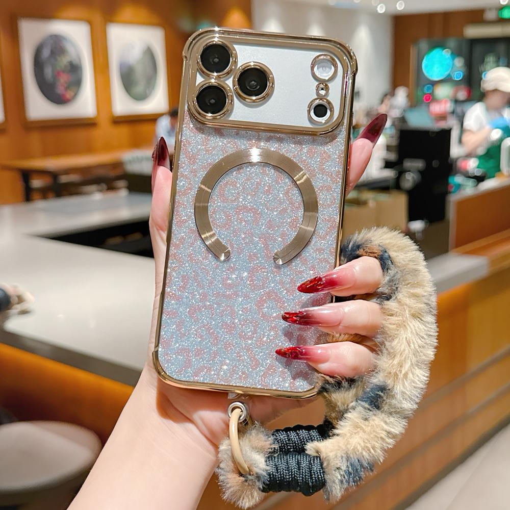 KEYSION Glitter Leopard Print Magnetic Phone Case for iPhone 13 14 15 16 17 Pro Max 17 Air 16 Plus With Plush Lanyard Shockproof Cover