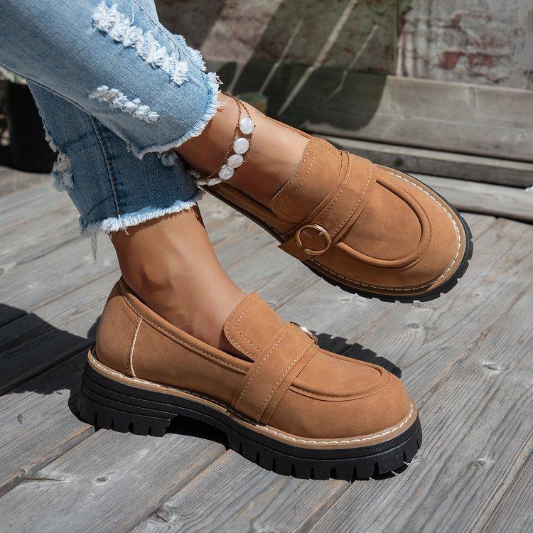 Women Suede Platform Loafers Chunky Heel Retro British Style Casual Shoes