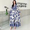 South East Asia People Cotton Floral Long Dress Bohemian Long Sleeve Loose Dress Fat Girl Plus Size Maternity Skirt