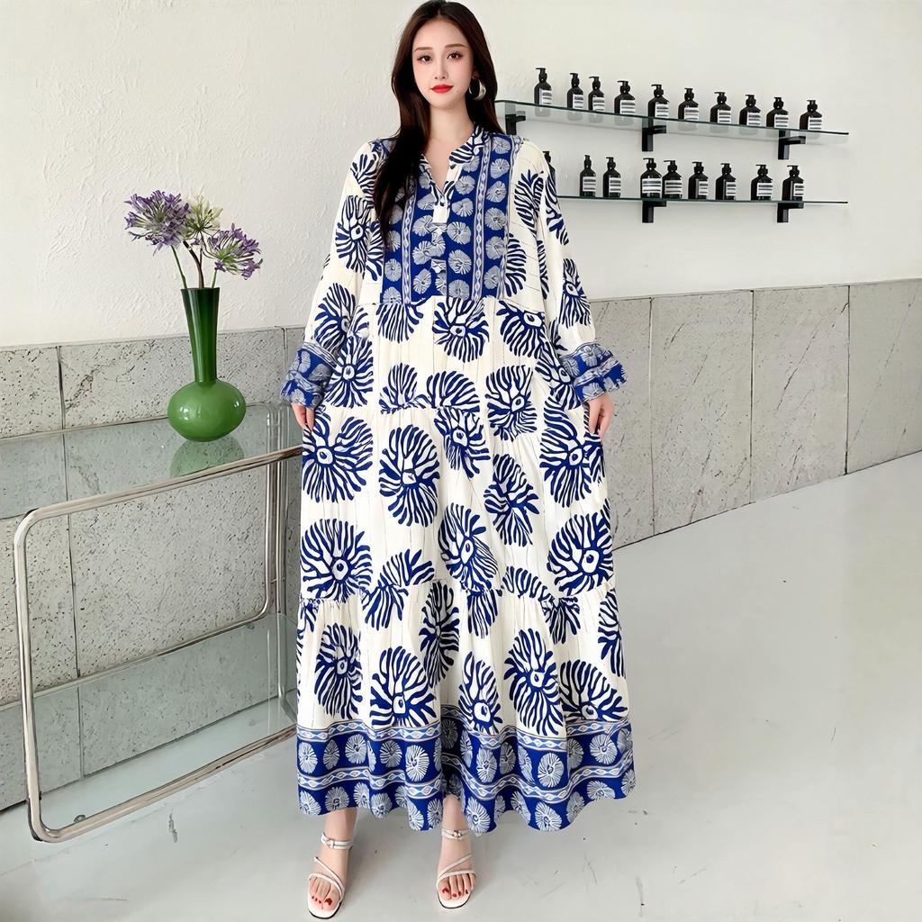 South East Asia People Cotton Floral Long Dress Bohemian Long Sleeve Loose Dress Fat Girl Plus Size Maternity Skirt