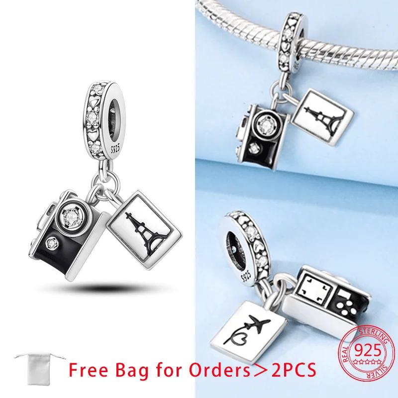 Original Copper Suitcase Pink Camera Plane Paris Tower Charms Beads Pendant Fit Diy Women Bracelet Jewelry Delicate Gifts