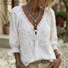 Camicetta Ricamata Floreale Vintage con Scollo a V e Dettagli a Ruffle per Uso Casual