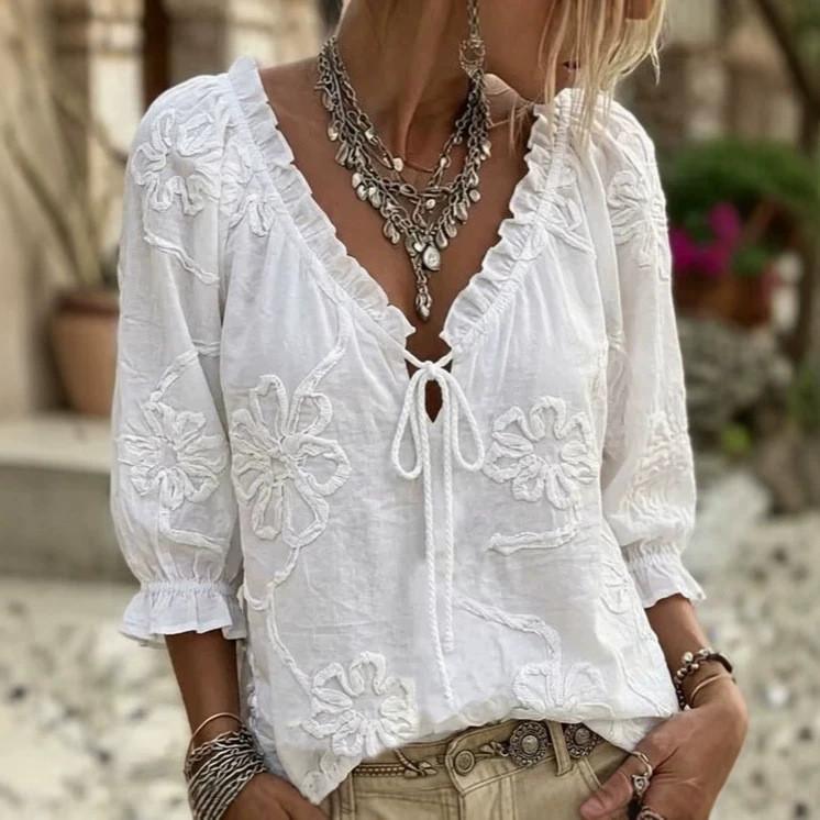 Camicetta Ricamata Floreale Vintage con Scollo a V e Dettagli a Ruffle per Uso Casual