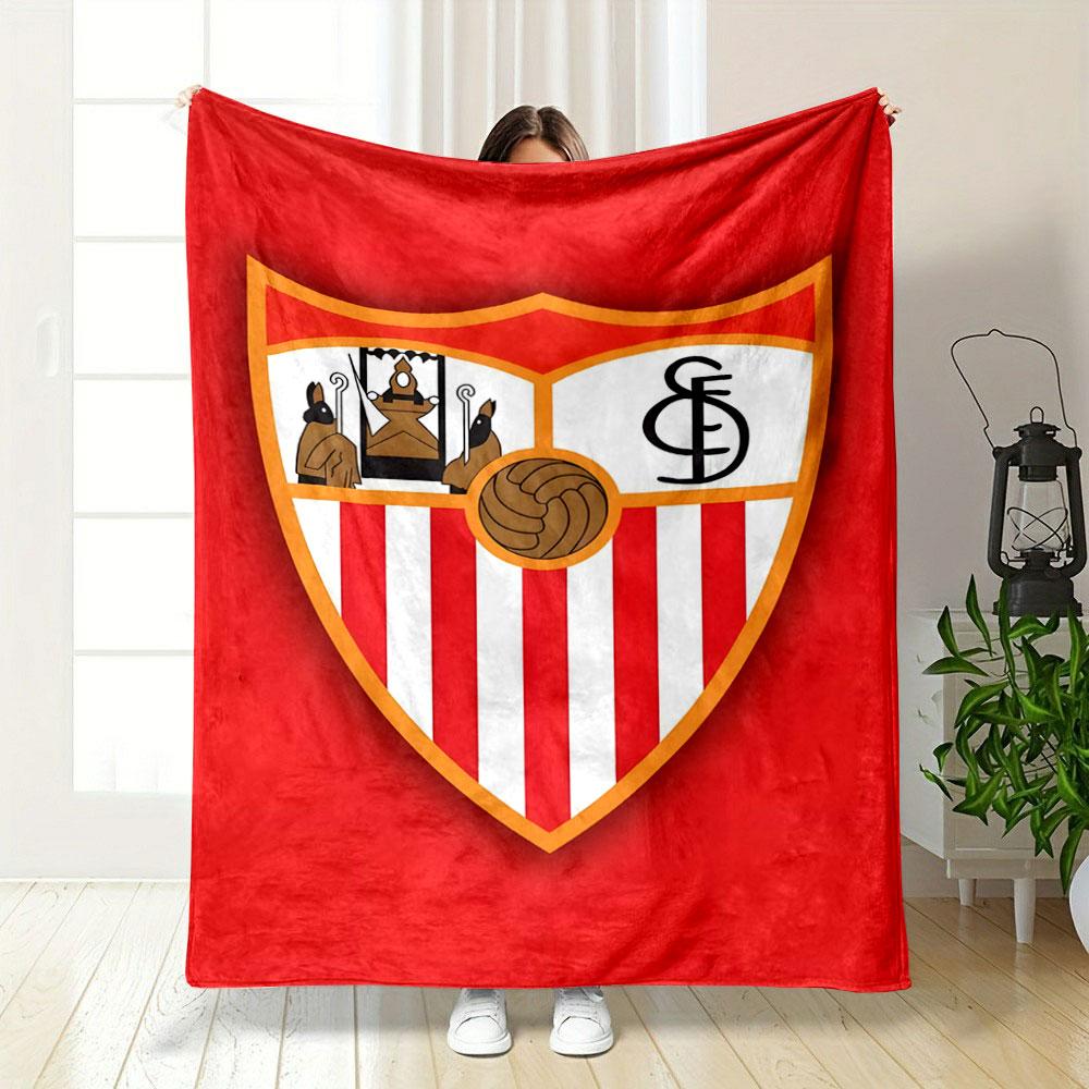 A shield with red and white stripes, icons, a football, and "SFC" initials. for all seasons blanket lunch break throw gift
