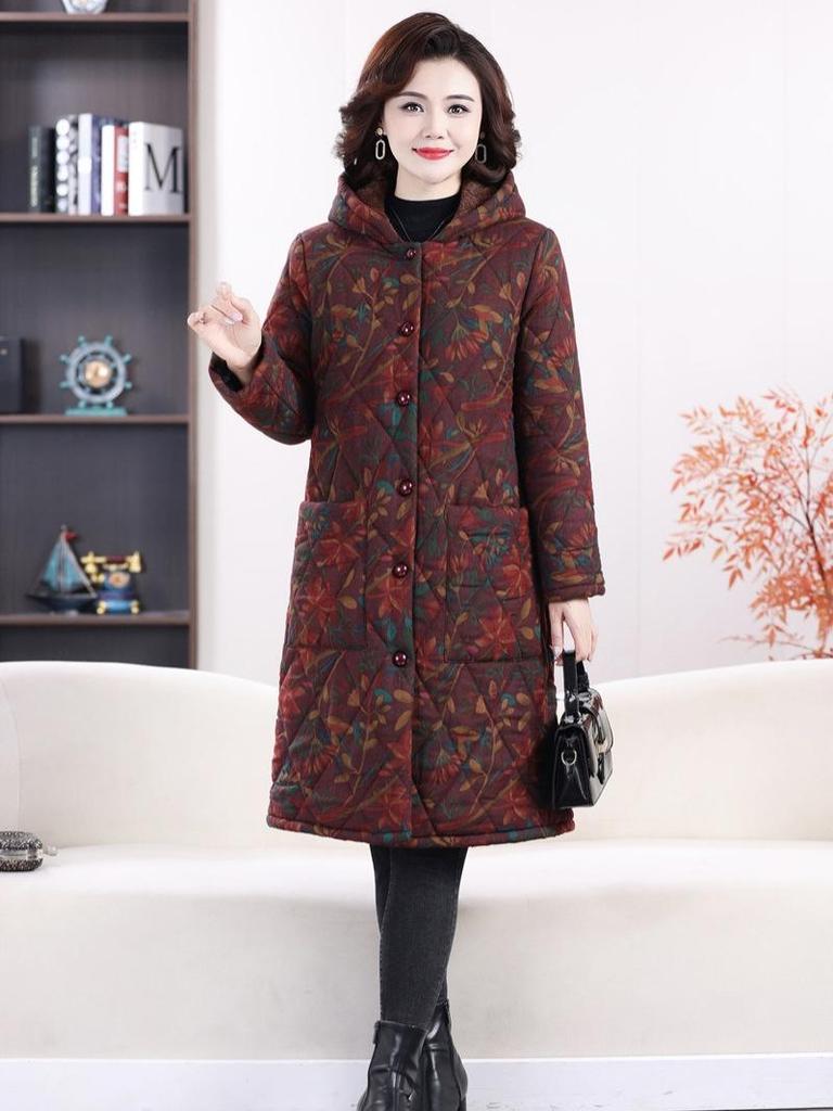 Stylish and Warm Mid-Length Floral Cotton Jacket for Middle-Aged Women, Plus Velvet, Thickened for Winter