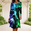 Women Plus Size Round Neck Long Sleeve A Line Flared Hem Black Printed Dress