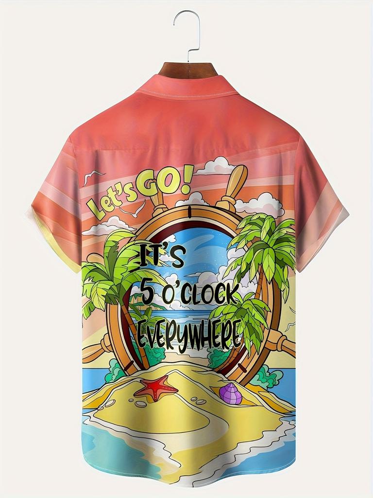 Moisture-wicking Palm Tree 5 O'clock Pattern Chest Pocket Hawaiian Shirt