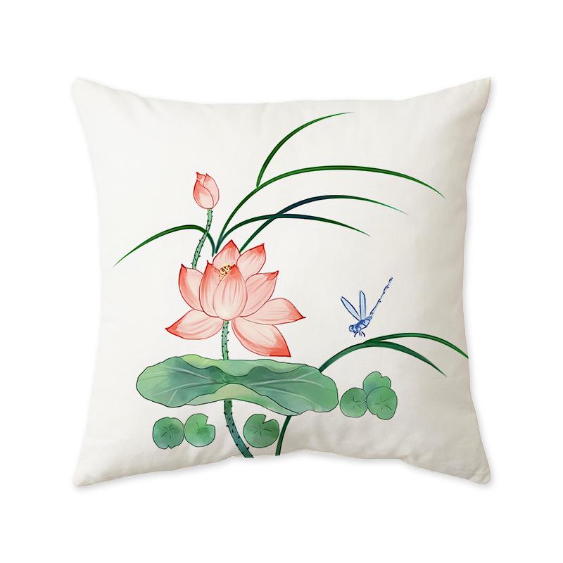 New Chinese Lotus Lotus Print Cushion Pillow Office Living Room Sofa Nap Cushion Pillow Cover