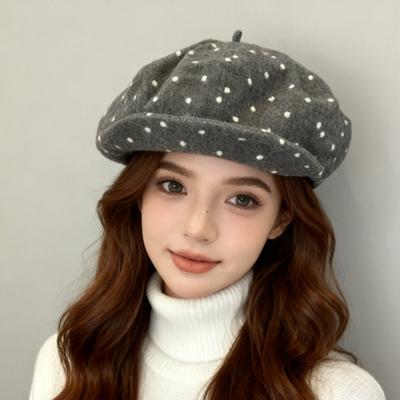 Autumn and Winter Big Head Circumference Hat Retro High-end Polka Dot Octagonal Beret Female Face Small Black Newsboy Hat