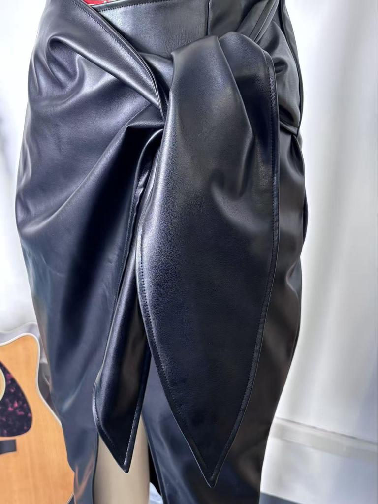 Elegant High-Waisted PU Leather Glossy Slit Skirt with Bow for Women