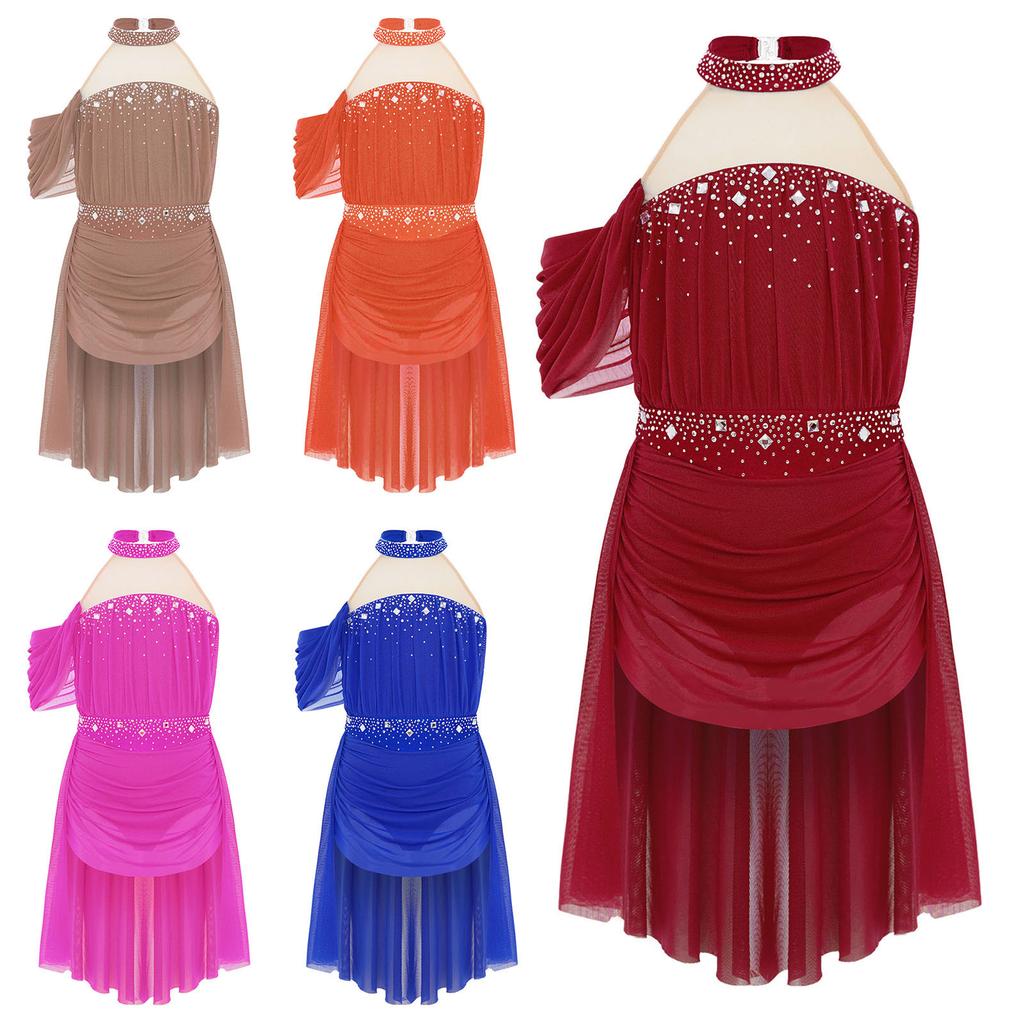 Girls Halter Backless Ruched Mesh Drape Dress Lyrical Dance Performance Rhinestone Costume