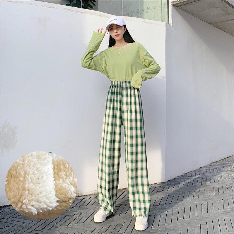Women's High-Waist Black & White Plaid Wide-Leg Pants - Slim, Versatile, Casual, Loose, with Velvet, Ideal for Autumn and Winter