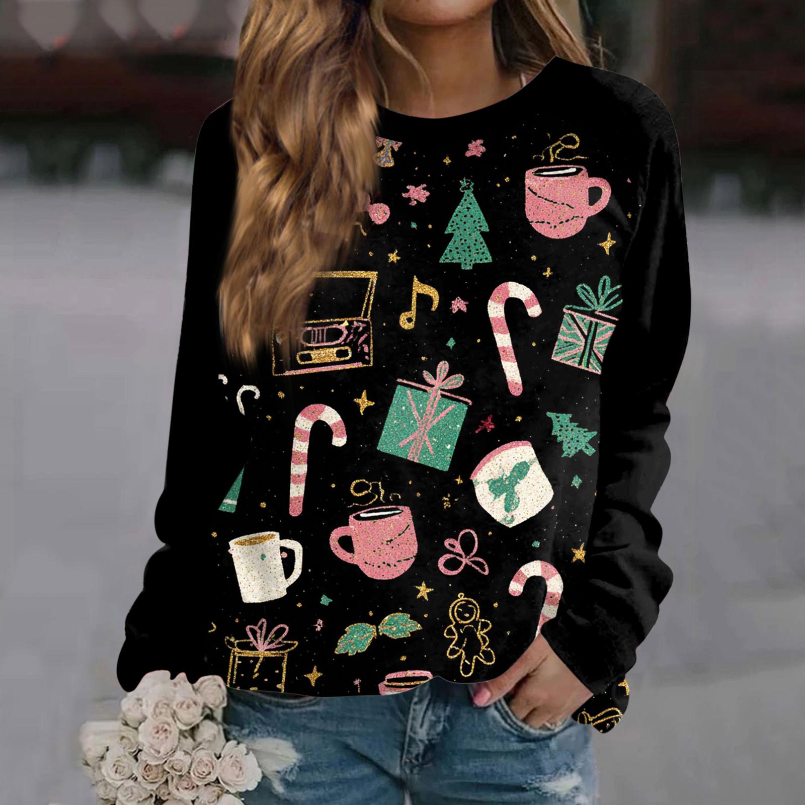 

Женский модный повседневный свитшот с длинным рукавом и рождественским принтом на шее L чёрный