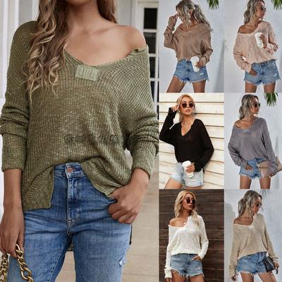 New Autumn And Winter European And American V-Neck Knitted Loose Solid Color Fashionable Pullover Sweater For Women