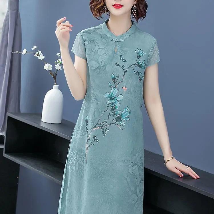 Women's Summer Plus Size Ethnic Style Cheongsam Dress, Elegant Mother's Temperament, Chiffon Dress