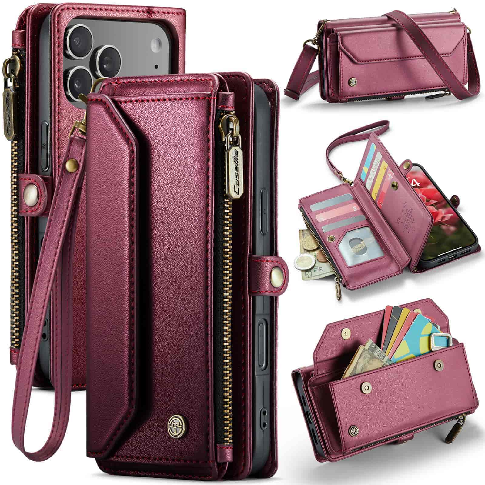 pour Étui Portefeuille Air/17/17 Pro/17 ProMax Blocage RFID avec Porte-7 Cartes Fermeture Éclair Billets, Étui Portefeuille avec Dragonne Poignet Sangle d'Épaule iPhone 17 rouge