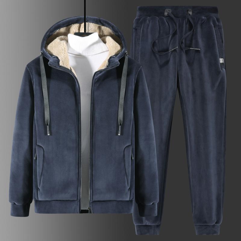 

Plus Size L-8XL Mens Sets 2026 Winter Warm Fleece Tracksuit Jacket+Pants Set Men Casual Thick Sportswear Hooded Clothes L синий