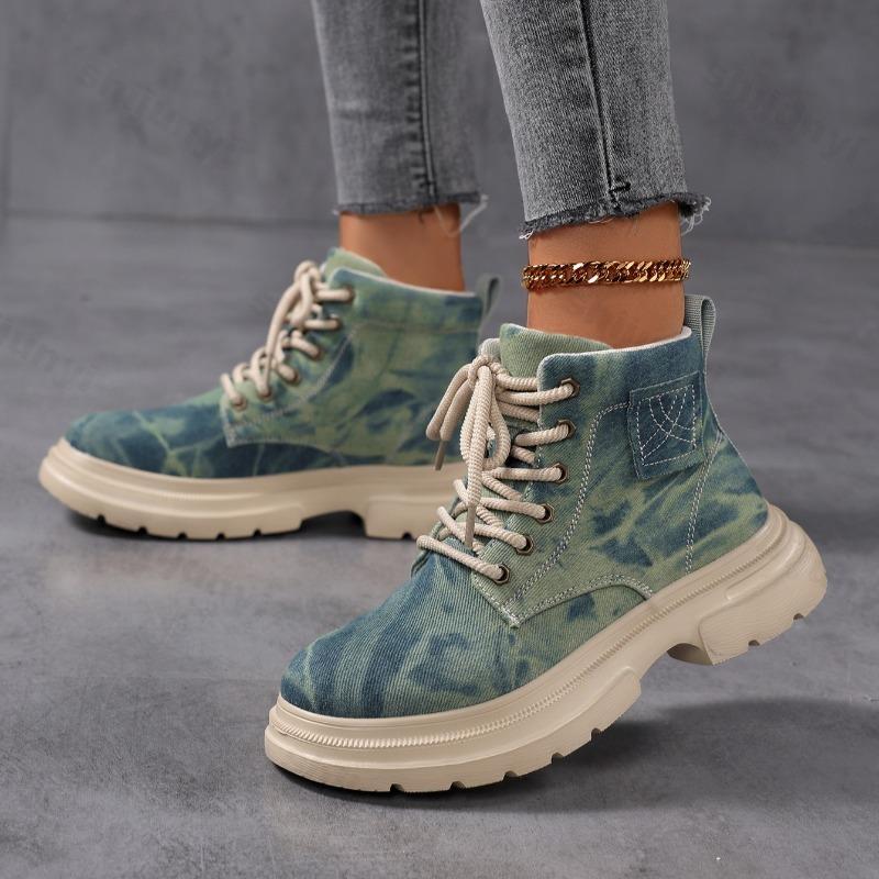 Autumn Thick Sole Denim Retro Fashion Design Casual Short Boots for Women Breathable Comfortable Lace Up Chunky Ankle Boots